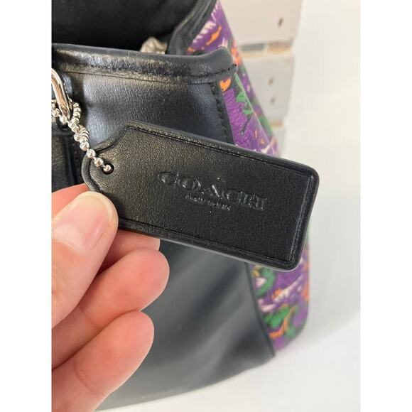 COACH F57630 BLACK SMOOTH LEATHER PURPLE FLORAL HANDBAG - Picture 5 of 16